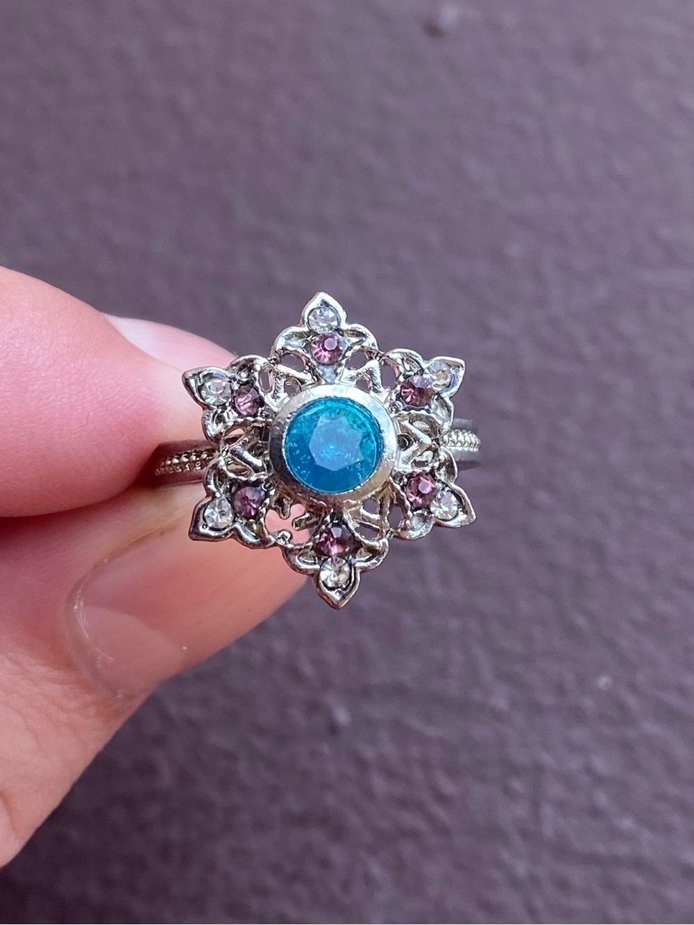 Stainless Steel Floral Charm Ring Blue & Pink Cubic Zirconium Accents Size 7.5